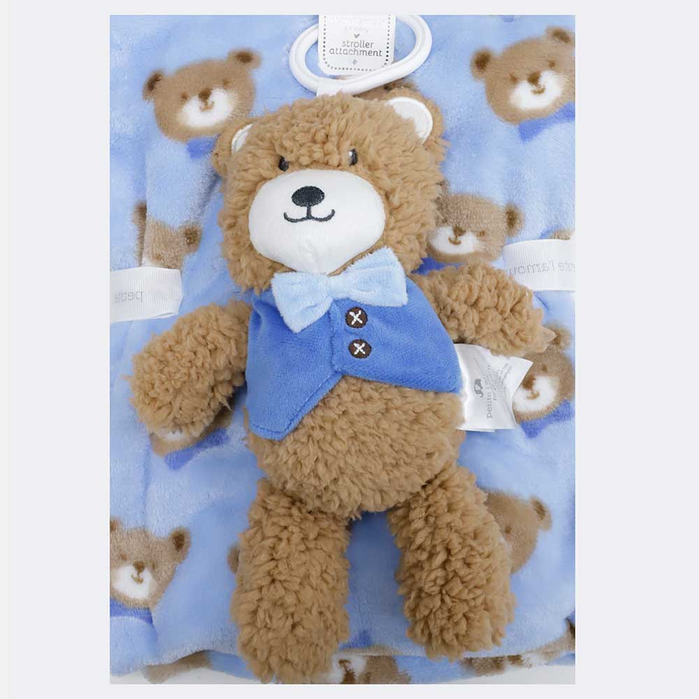 Frazada celeste con estampado y peluche de oso para bebé