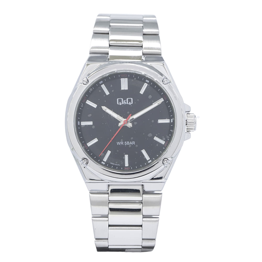 Reloj análogo Q&Q para hombre plateado con brazalete metálico y esfera negra