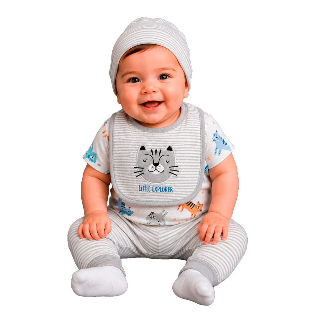 Conjunto de 4 piezas gris con estampado de gatos para bebé niño