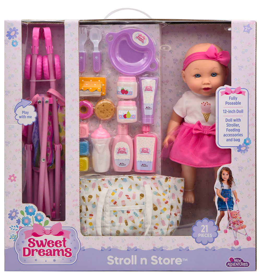 Muñeca Sweet Dreams Stroll N Store con Coche y Accesorios 21 Piezas