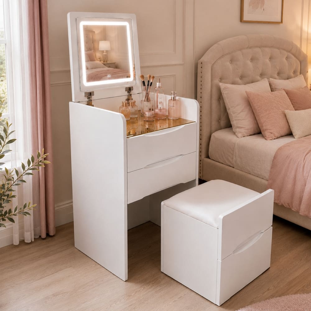Tocador con taburete, gavetas y espejo plegable led