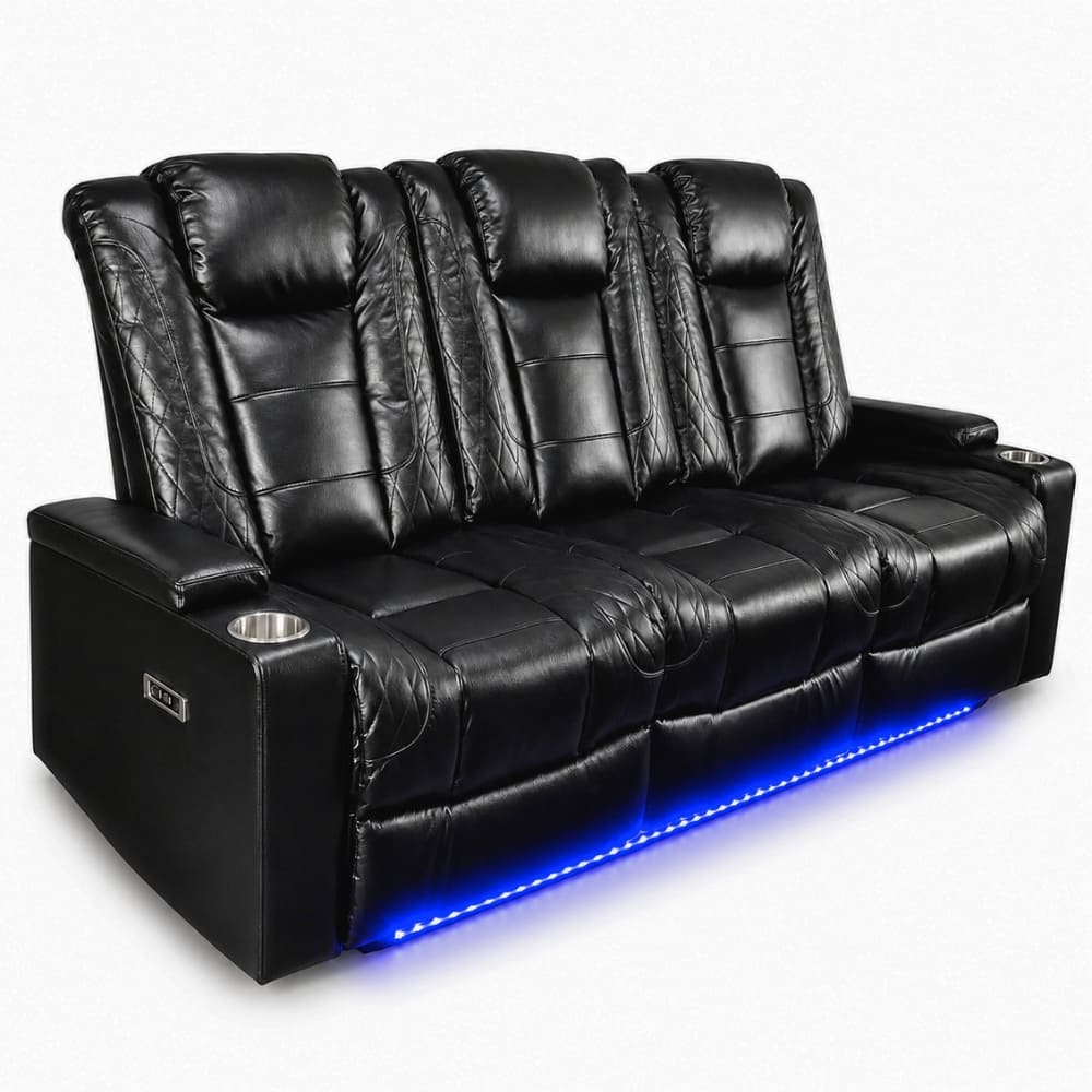 Sillón reclinable eléctrico de tres puestos en cuero negro