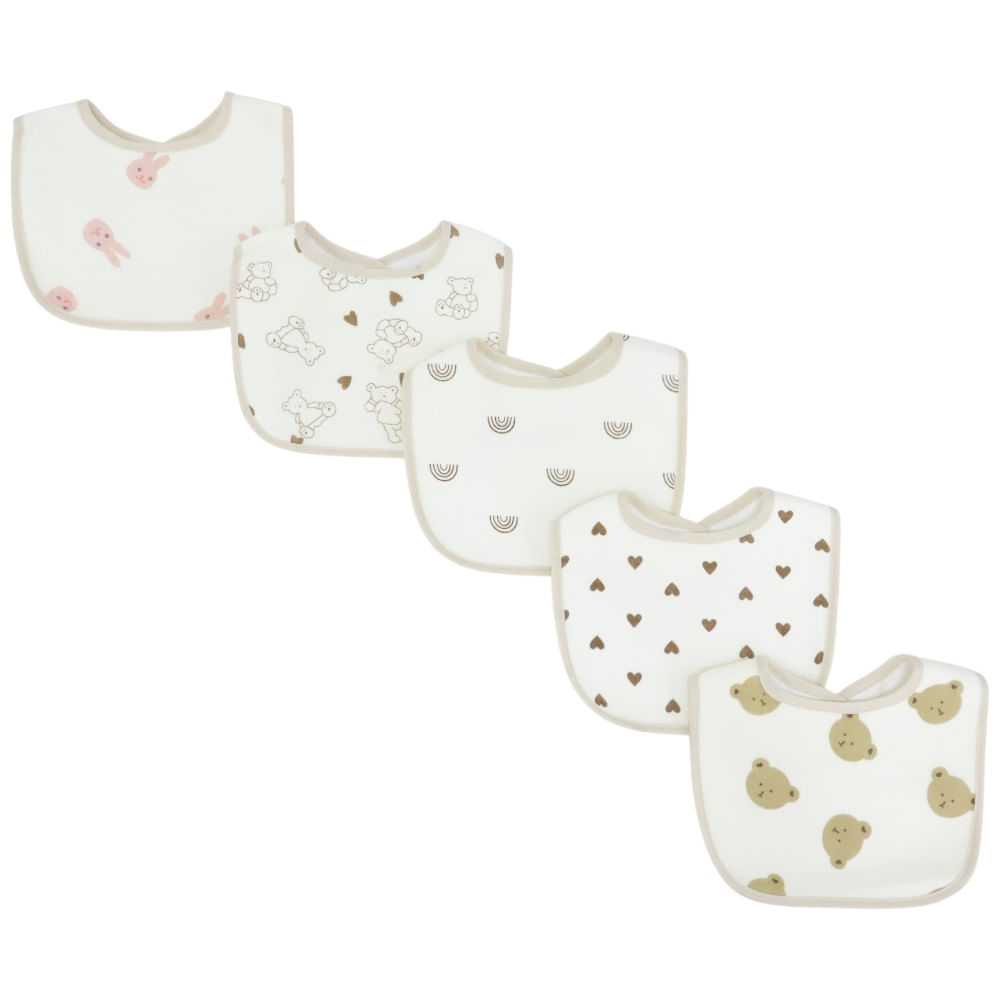 Set de 5 baberos blancos estampados para bebé niña