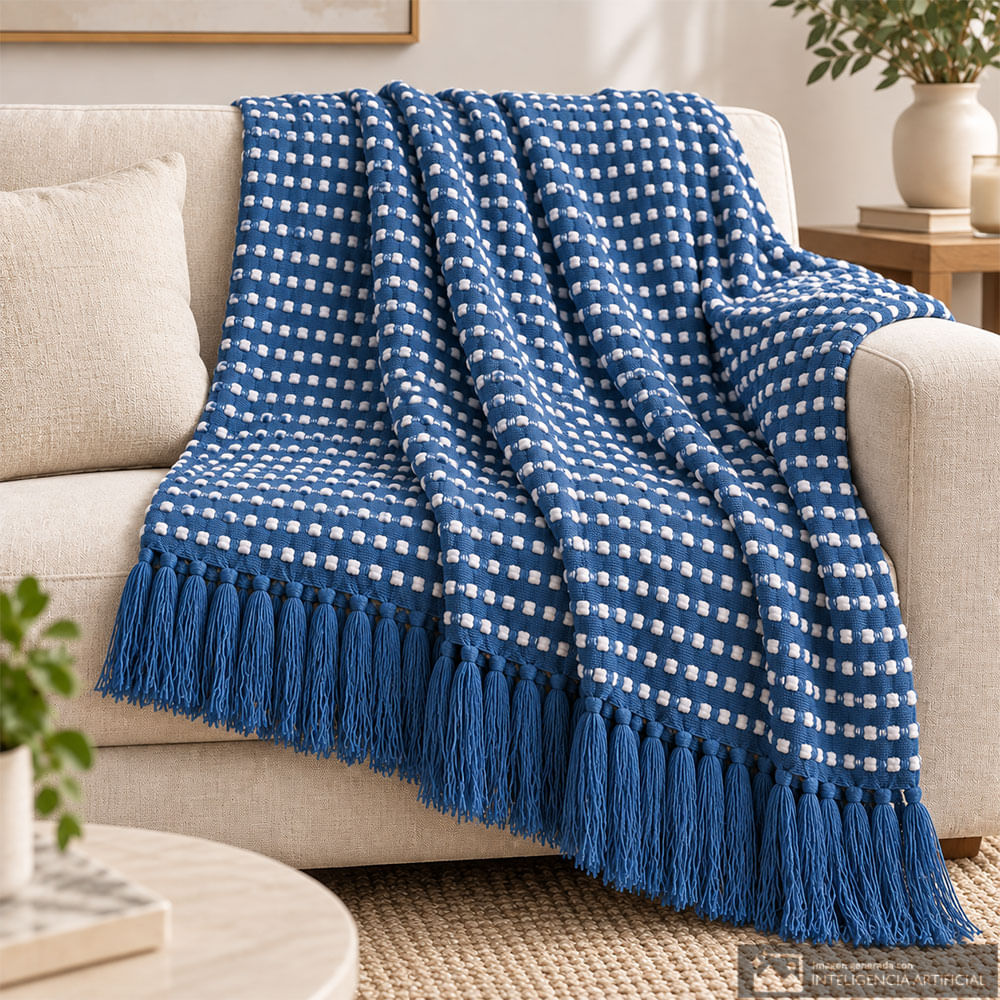 Frazada decorativa azul con puntos blancos y flecos