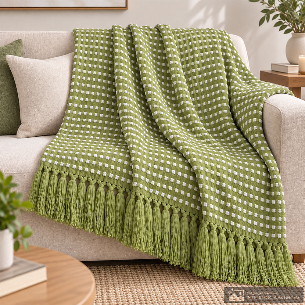 Frazada decorativa verde con puntos blancos y flecos