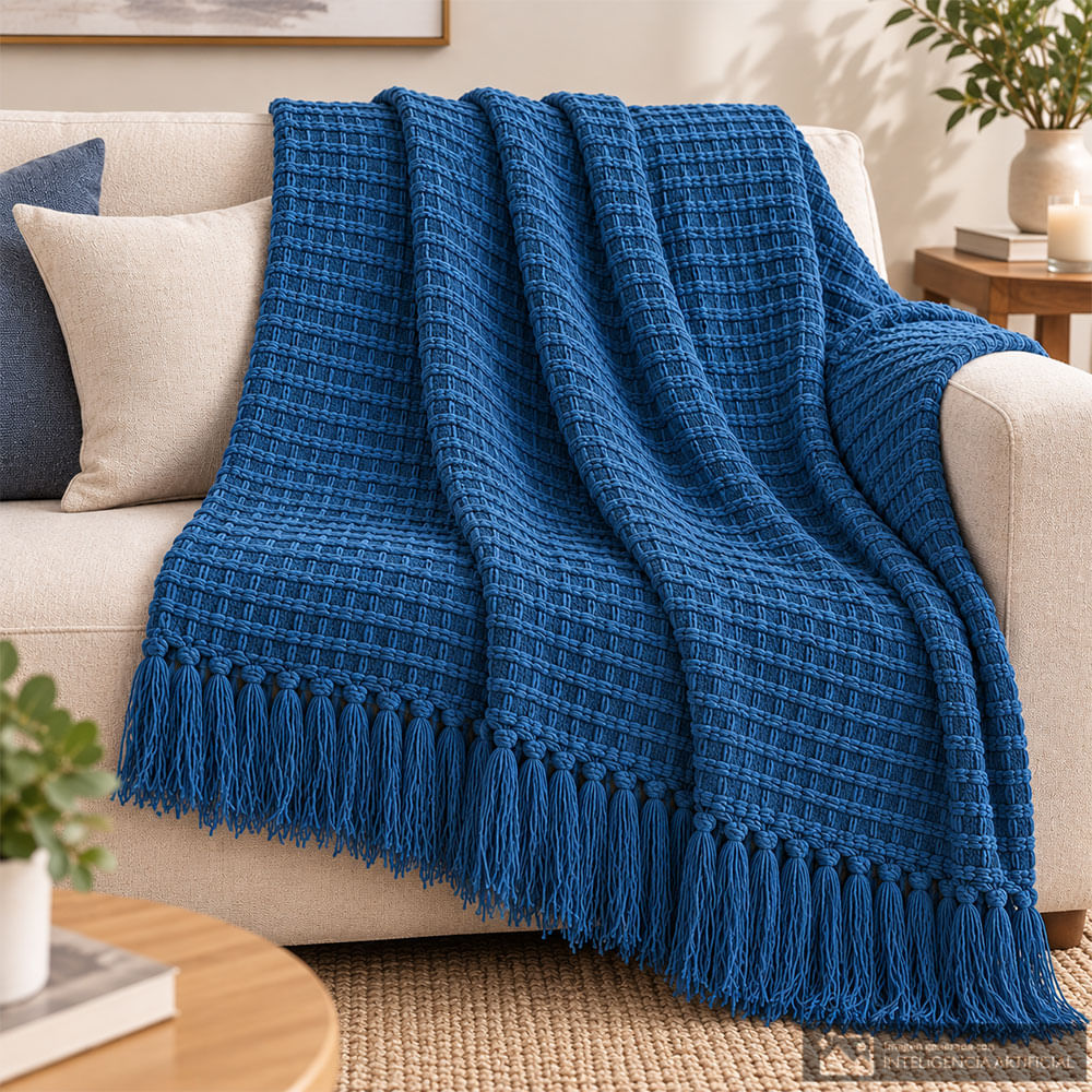 Frazada decorativa azul tipo waffle con flecos