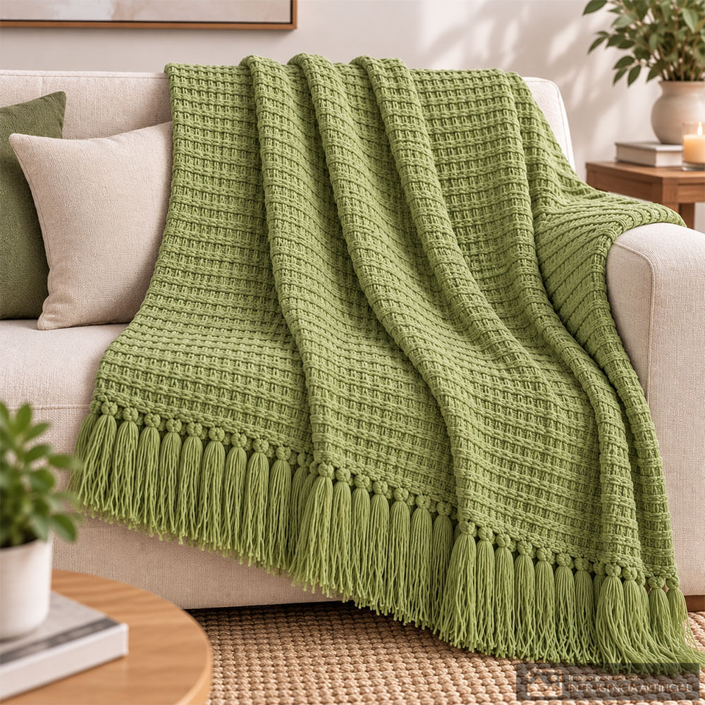 Frazada decorativa verde olivo tipo waffle con flecos