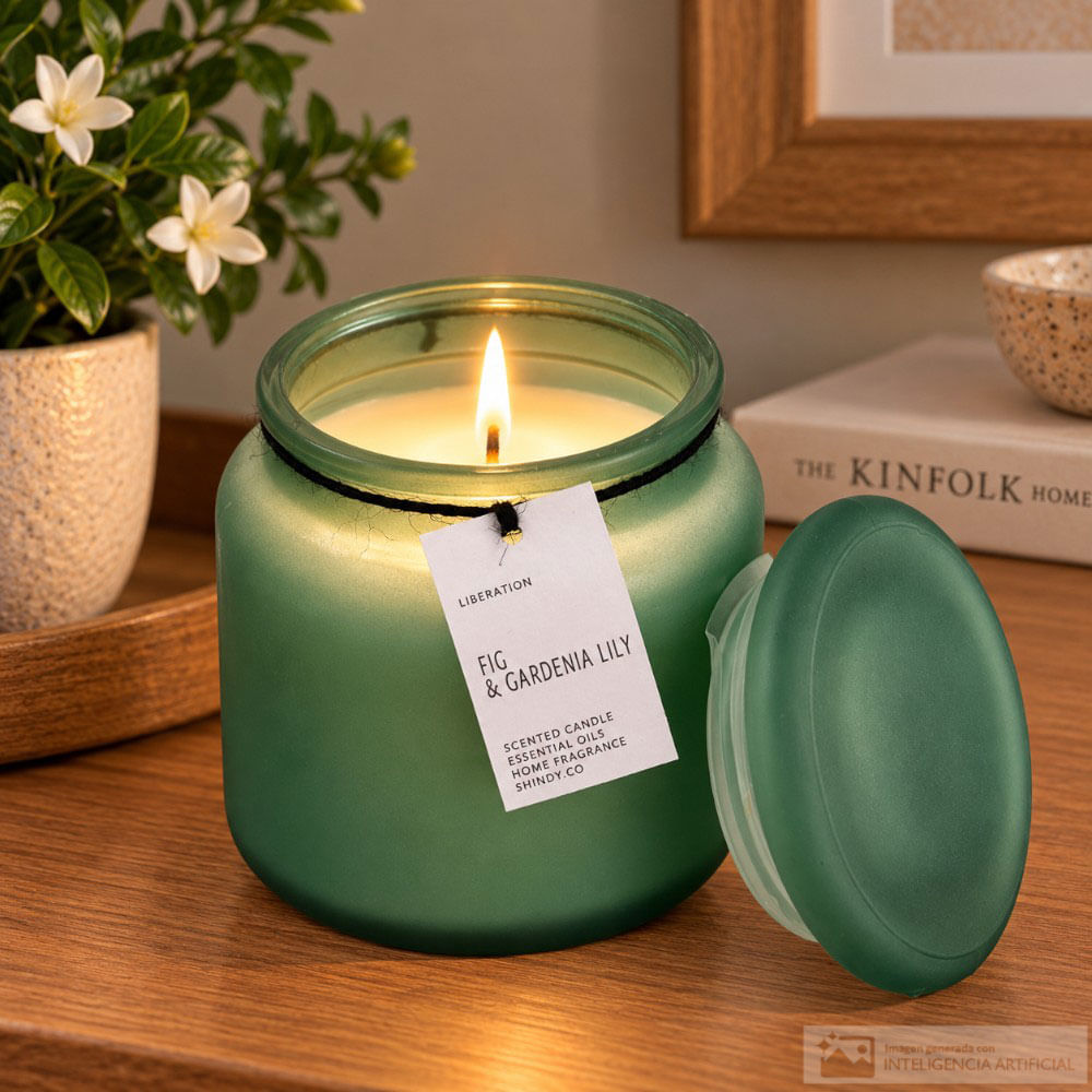 Vela aromática verde en frasco con tapa