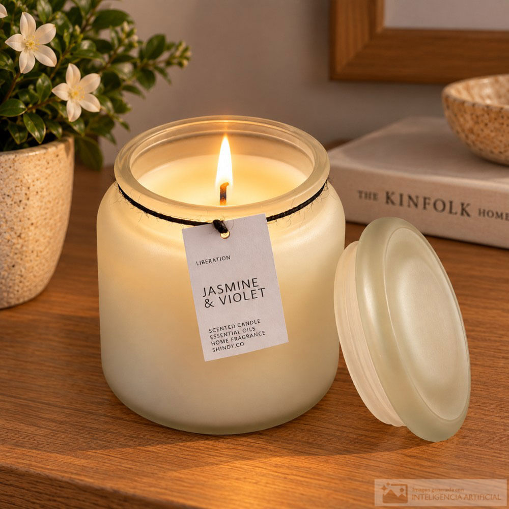 Vela aromática beige en frasco con tapa
