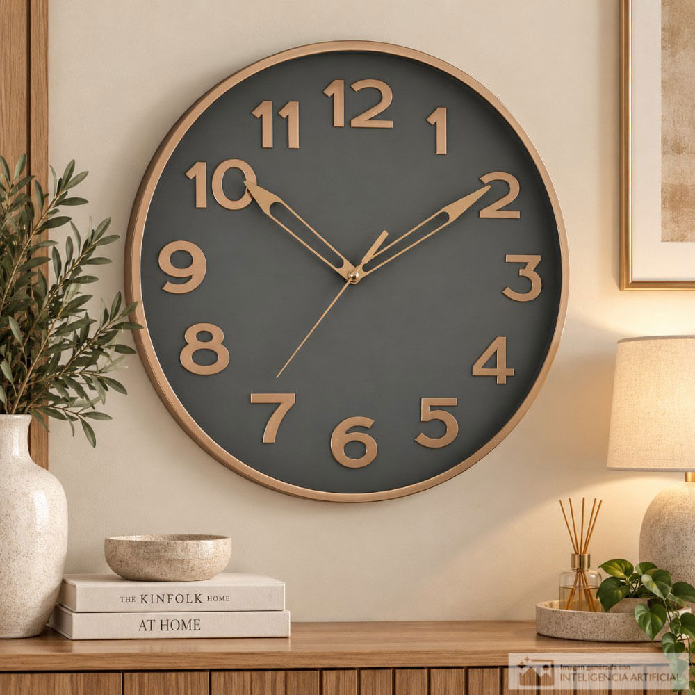 Reloj de pared gris con detalles dorados