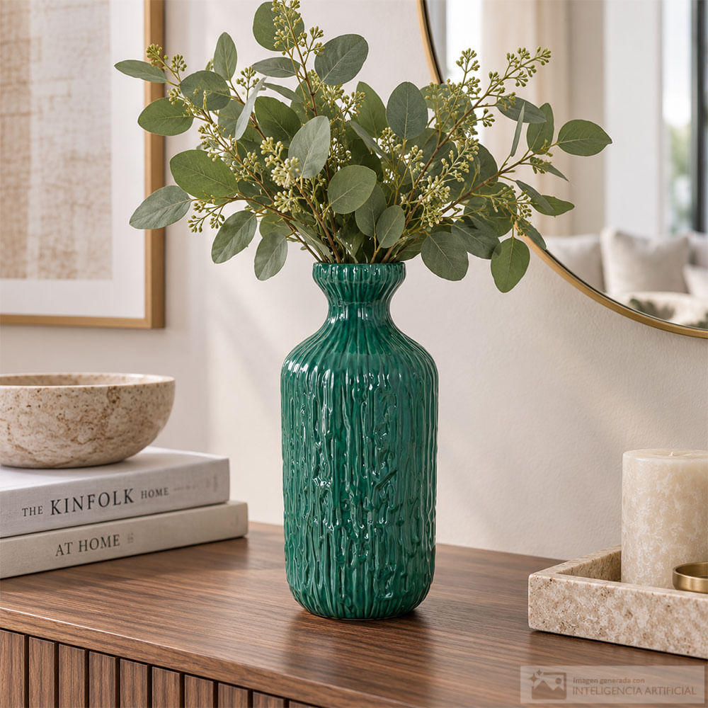 Florero verde tipo botella con relieve