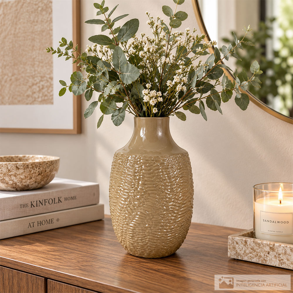 Florero dorado con relieve de hojas