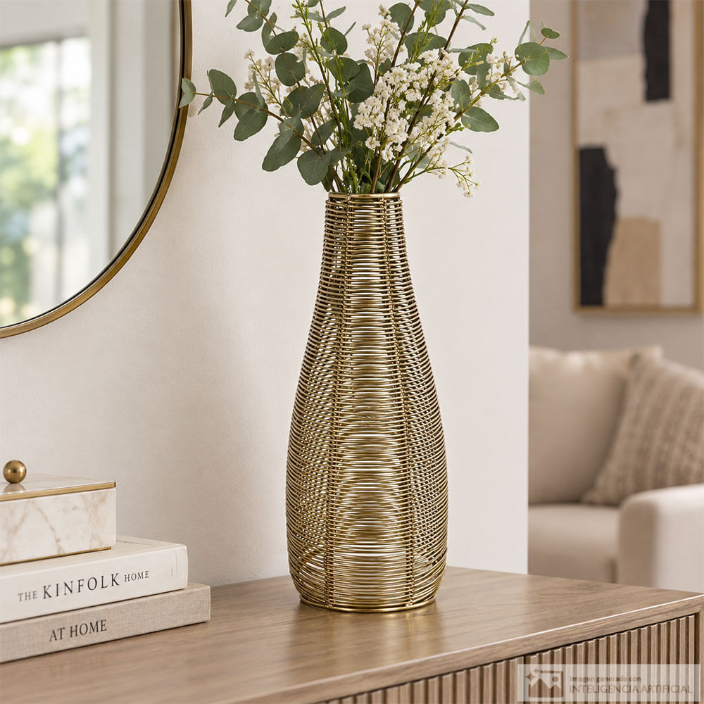 Florero dorado alto con relieve de hojas