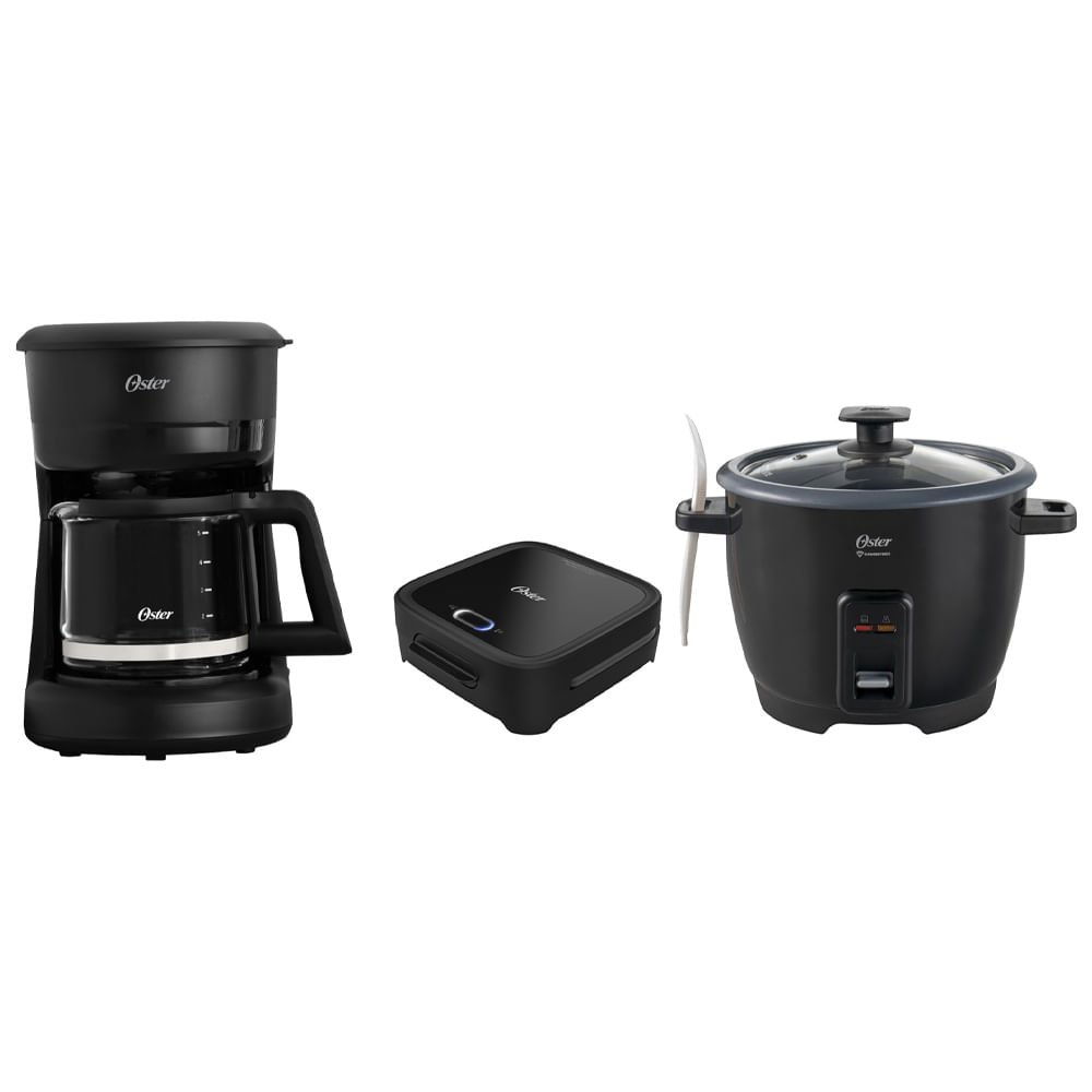 Combo Oster arrocera 10 tazas + cafetera de 5 tazas + sandwichera de plato hondo