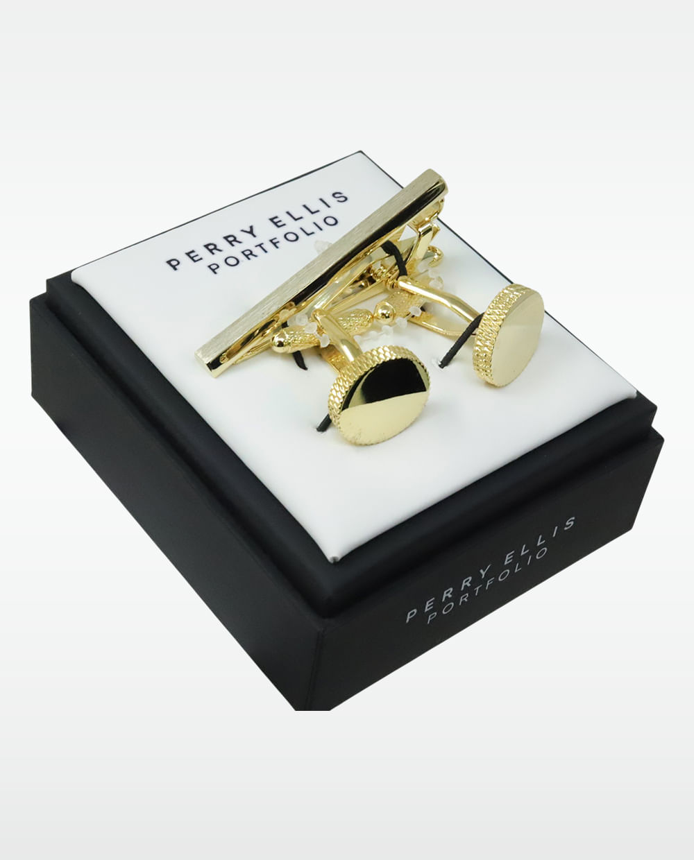 Set de mancuernillas y clip para corbata Perry Ellis dorada para hombre