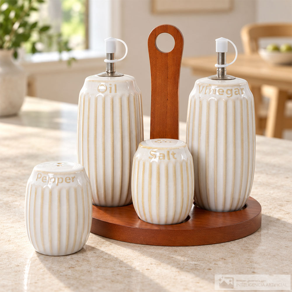 Set para aceite y vinagre con salero y base de bambú
