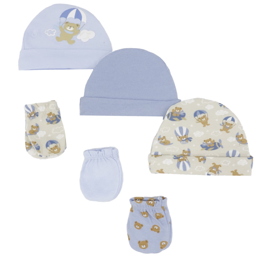 Set de 6 piezas de gorros y guantes con estampado de osos para bebé niño