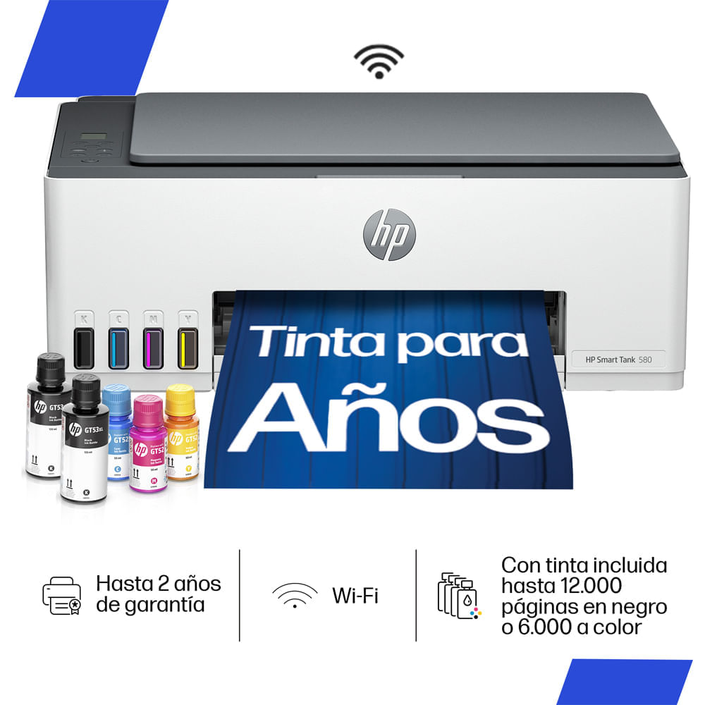 Impresora Multifuncional HP Smart Tank 580 tinta continua, Color, Wi-Fi
