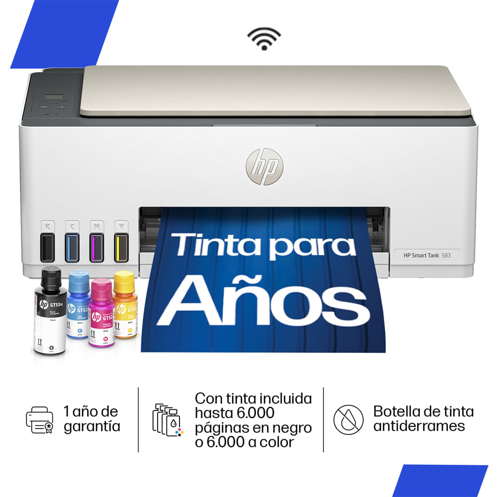 Impresora Multifuncional HP Smart Tank 583 tinta continua, Color, Wi-Fi + Regleta