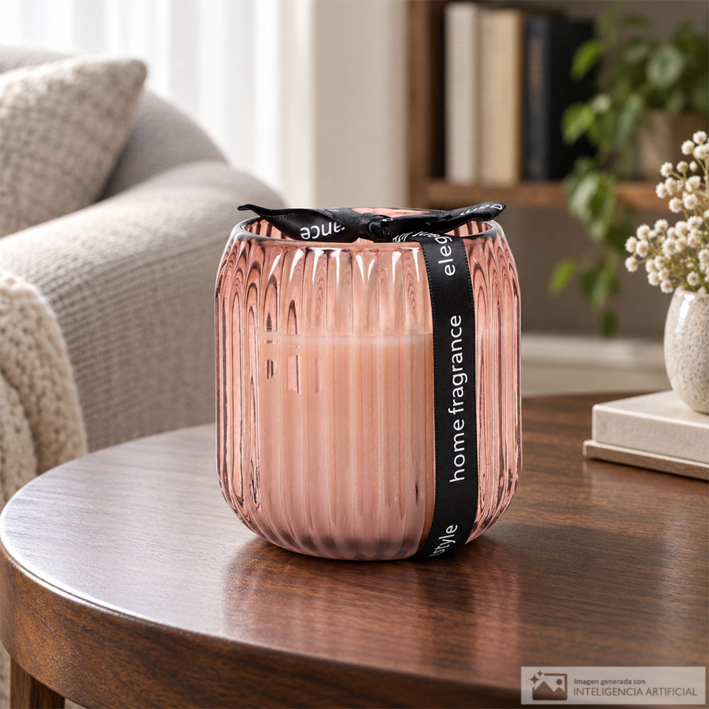 Vela aromática decorativa en vidrio acanalado rosado