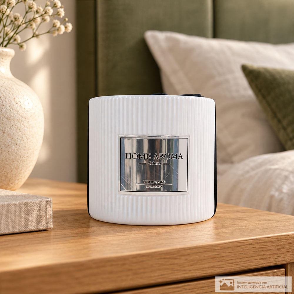 Vela aromática decorativa en recipiente acanalado blanco