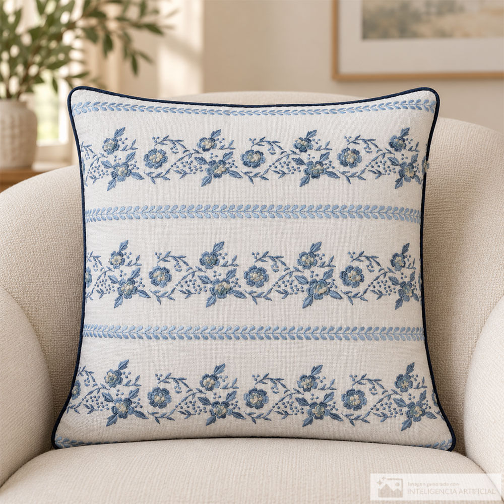 Cojín decorativo floral azul y marfil