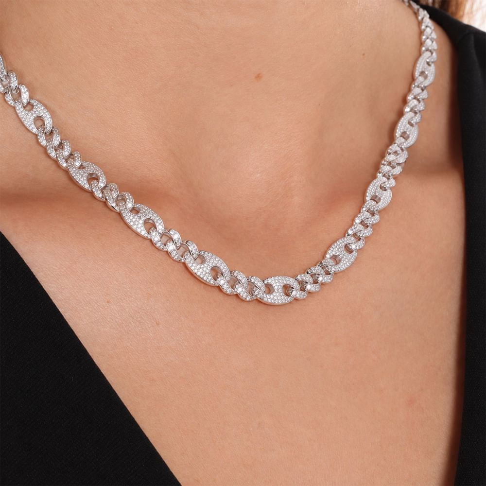 Collar cadena cubana con eslabones ancla de brass con zirconia pavé plateado