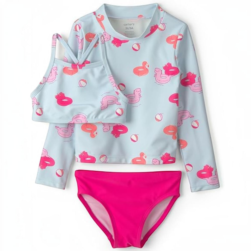 Traje de baño de 3 piezas con estampado de patos para niña