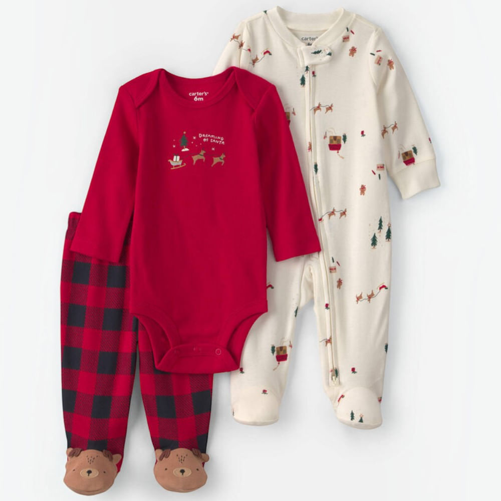 Conjunto de 3 piezas rojo con estampado navideño para bebé niño