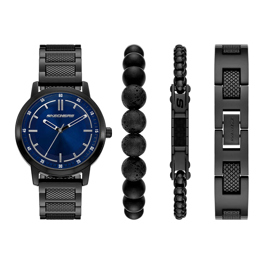Set de reloj Skechers análogo metálico negro y 3 pulseras para hombre