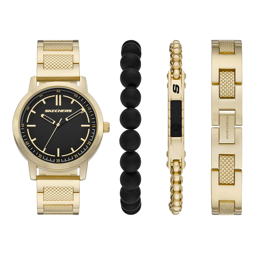 Set de reloj Skechers análogo metálico dorado y 3 pulseras para hombre