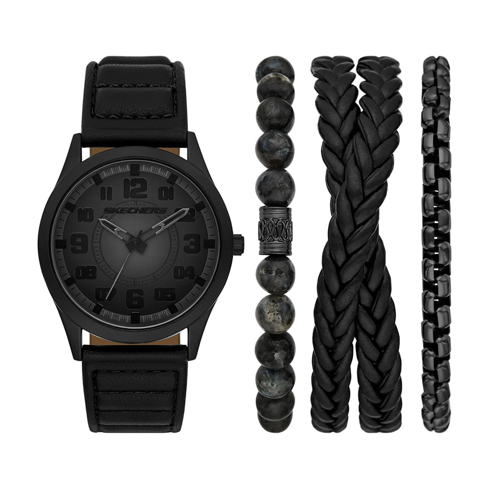 Set de reloj Skechers análogo de cuero negro y 3 pulseras para hombre
