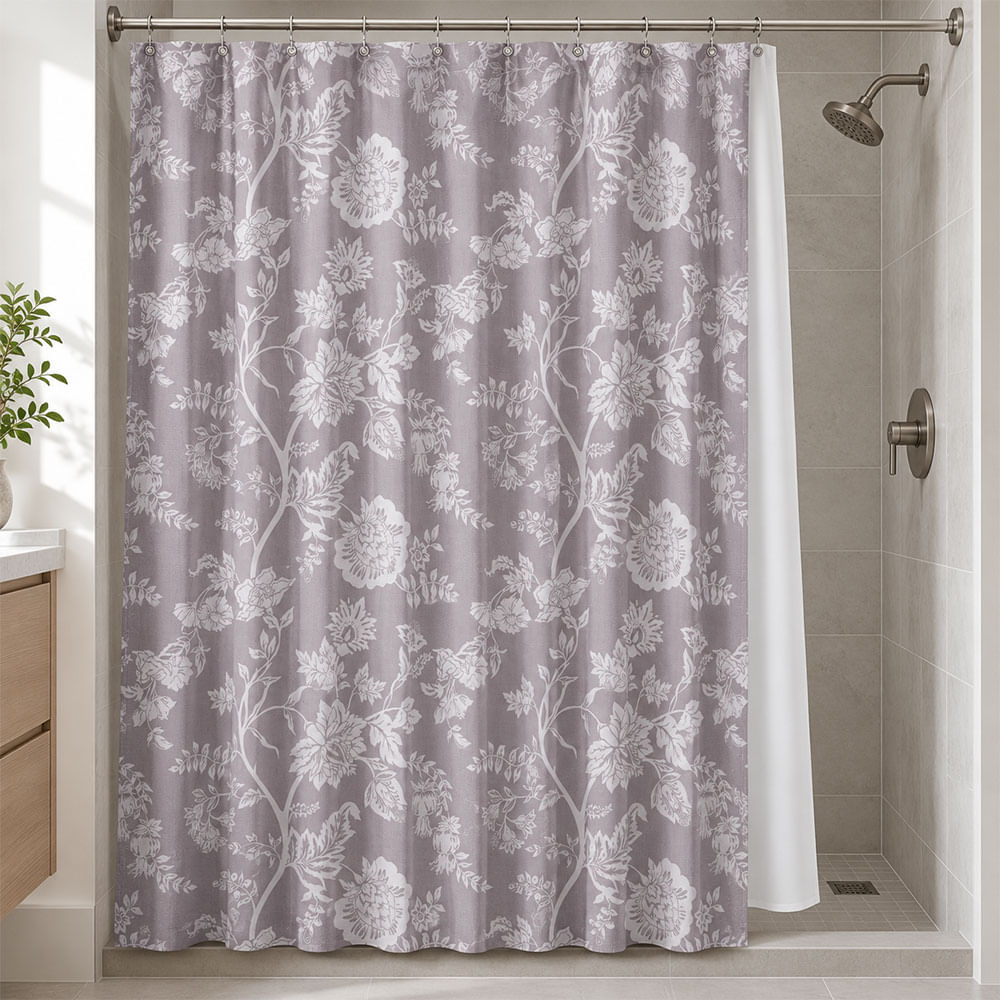 Cortina de baño floral grisácea con forro, 14 piezas