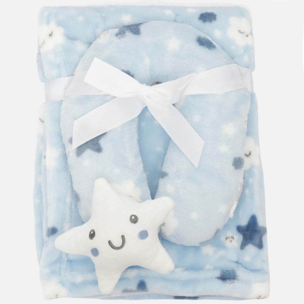 Frazada celeste con almohada de cuello para bebé niño