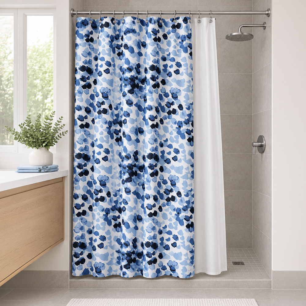 Cortina de baño azul con forro