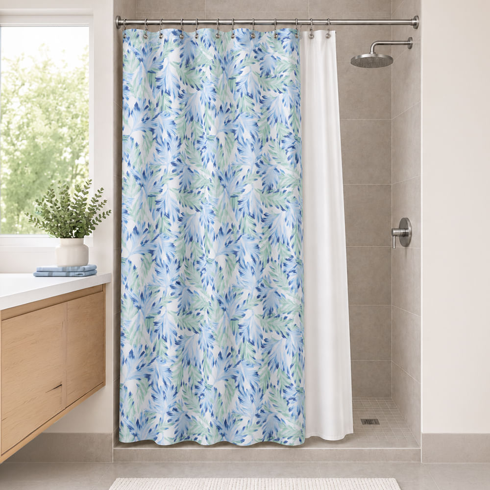Cortina de baño con forro diseño de hojas de palma verdes